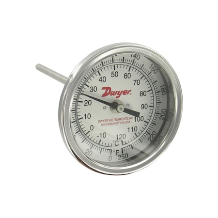Dwyer Instruments Bimetal thermometer, 2" dial, 4" stem length, range 200/1000 Degrees F (100/550 Degrees C), 10 Degrees F (5 Degrees C) div. BTB2409D